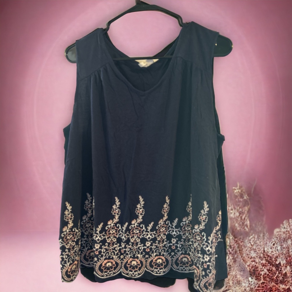 Cato Fashions Navy Blue Sleeveless Embroidered Boho Tunic Top Women's Size XL